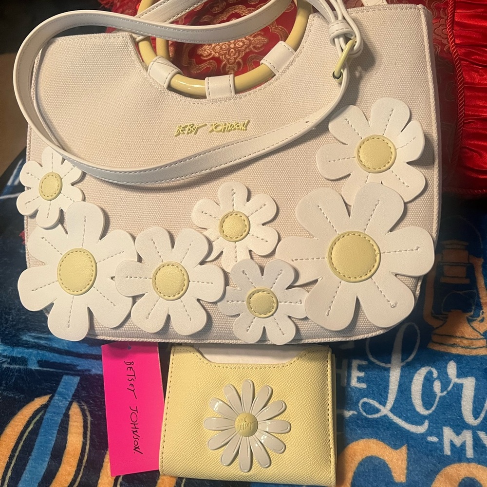 (SOLD) Betsey Johnson Cream Tote and Wallet Set with Yellow Floral Accents